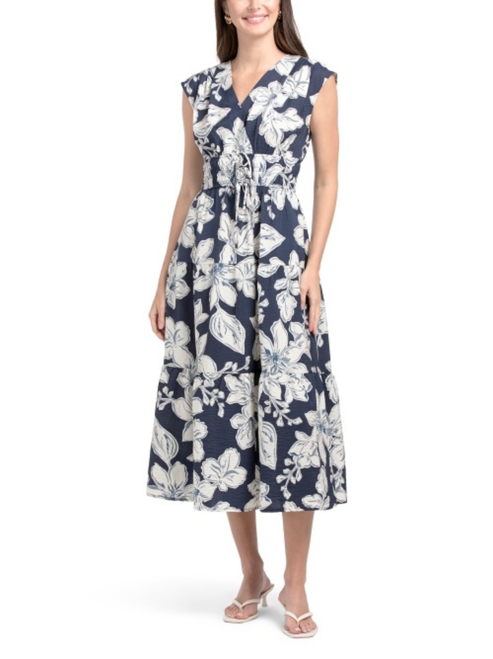 Navy Floral V-Neck Tie-Waist Midi Dress